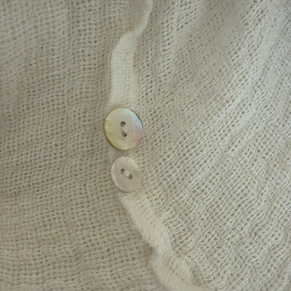 Marilu White Linen Button Up Sheer Blouse With Blue Accents - Picture 9 of 9